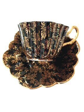 Royal Stuart Stevenson Harlequin Black Gold Tea Cup & Saucer Bone China England